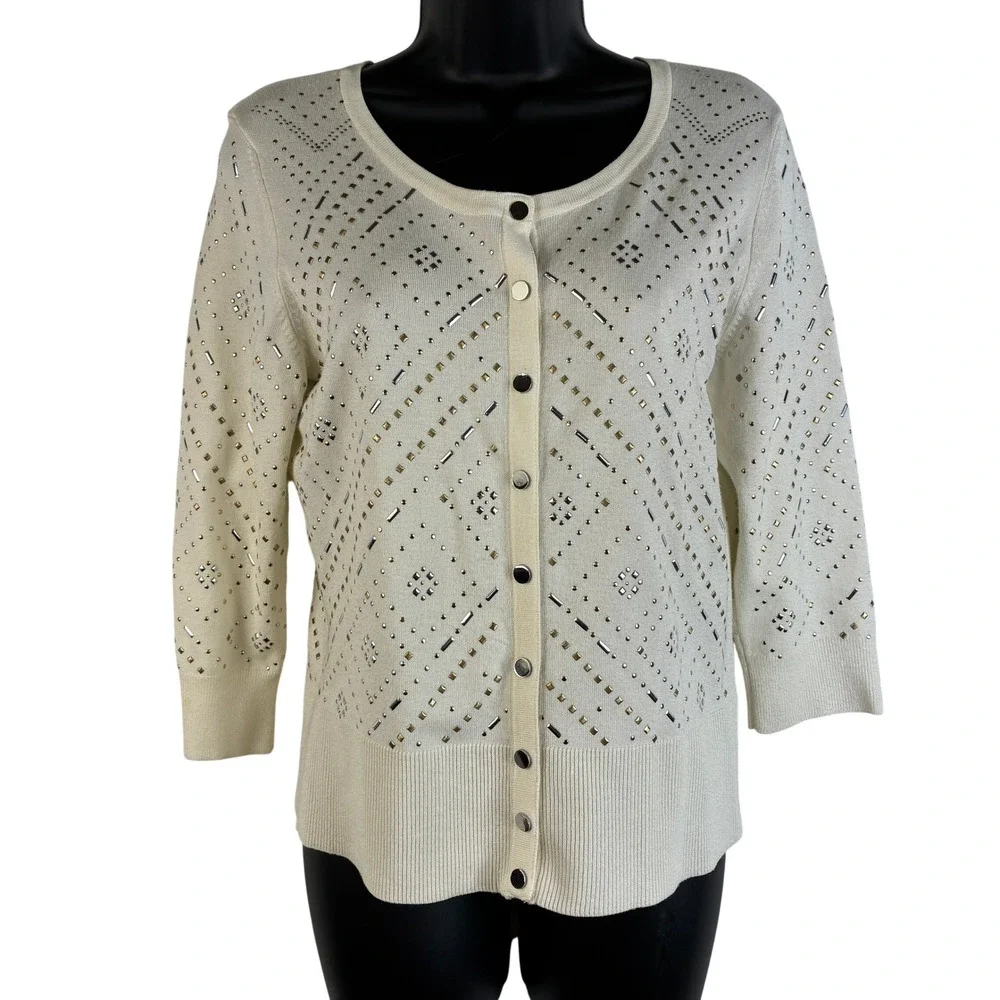 White House Black Market Ecru Size Small Embellished Cardigan‎ Cream  3/4 Sleeve